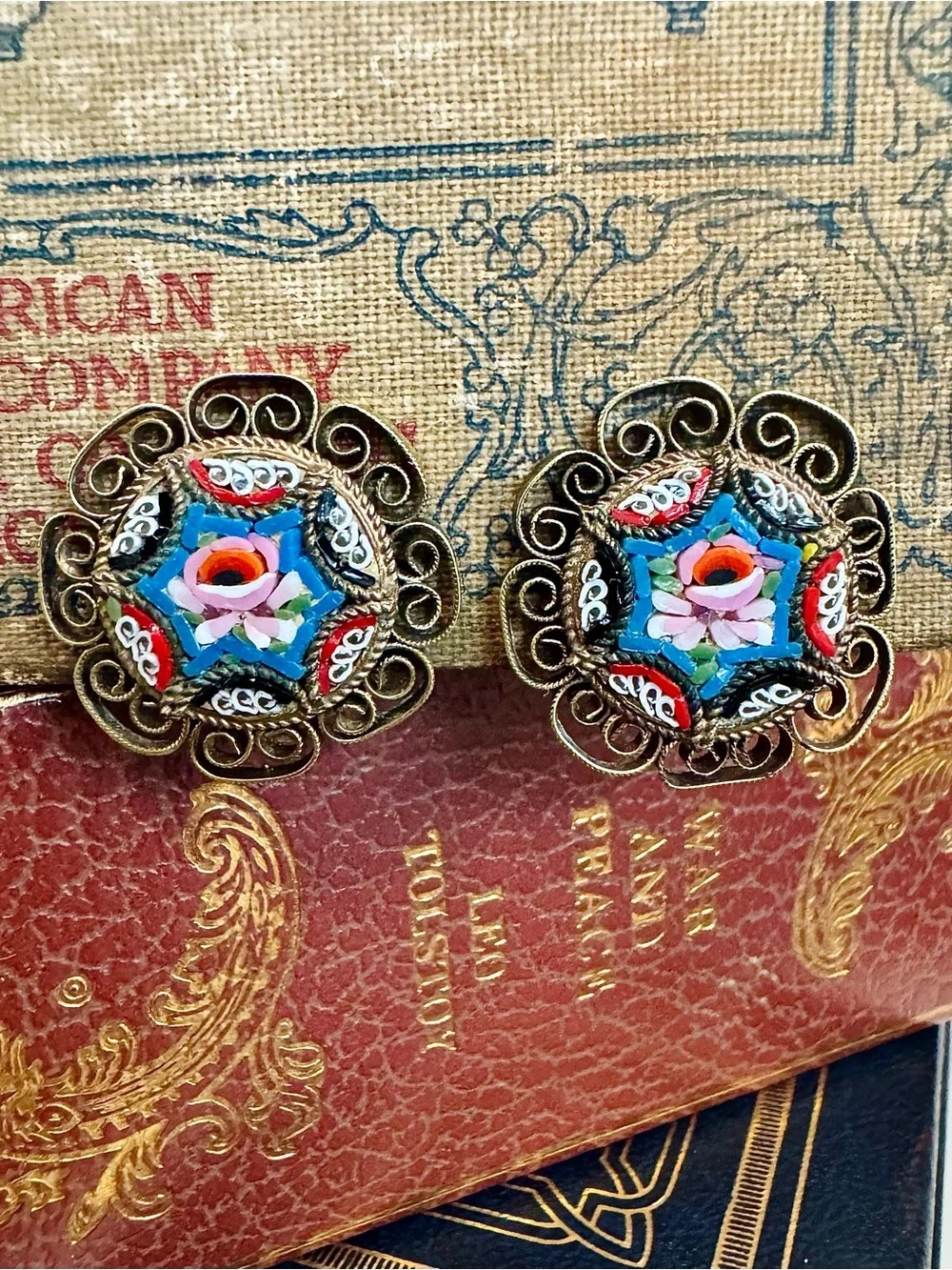 Vintage Italian Micro Mosaic Clip On Earrings Filigree Millefiori Floral